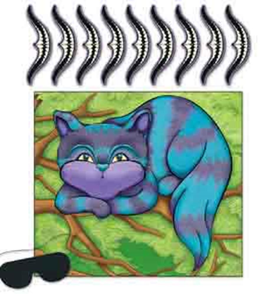Colorful square game board featuring a smiling blue and purple Cheshire Cat on a green background with tree branches, eight.
