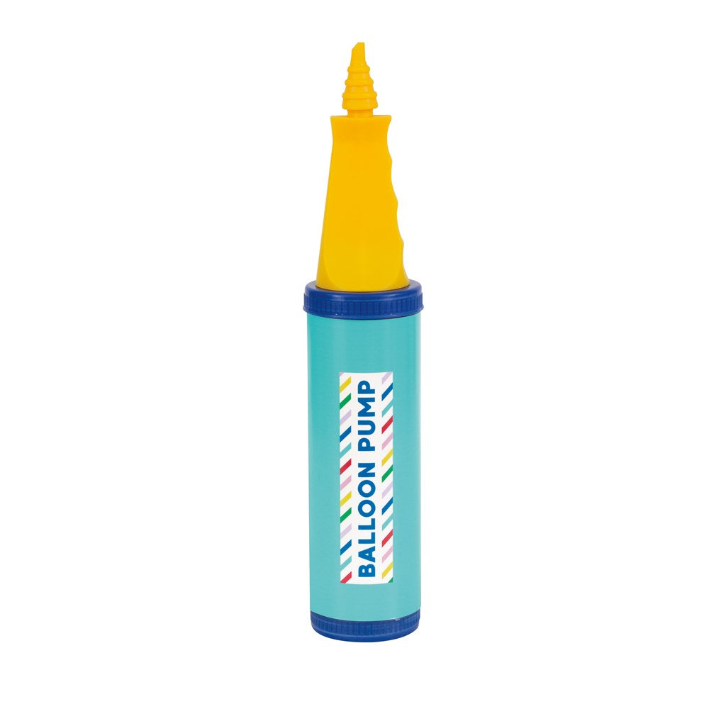 Blue and yellow handheld balloon pump with a tapered nozzle and a colorful label reading "Balloon Pump".
