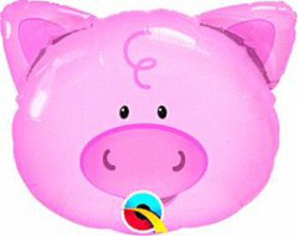 Pink foil balloon shaped like a pig's face with round ears and a cheerful snout.