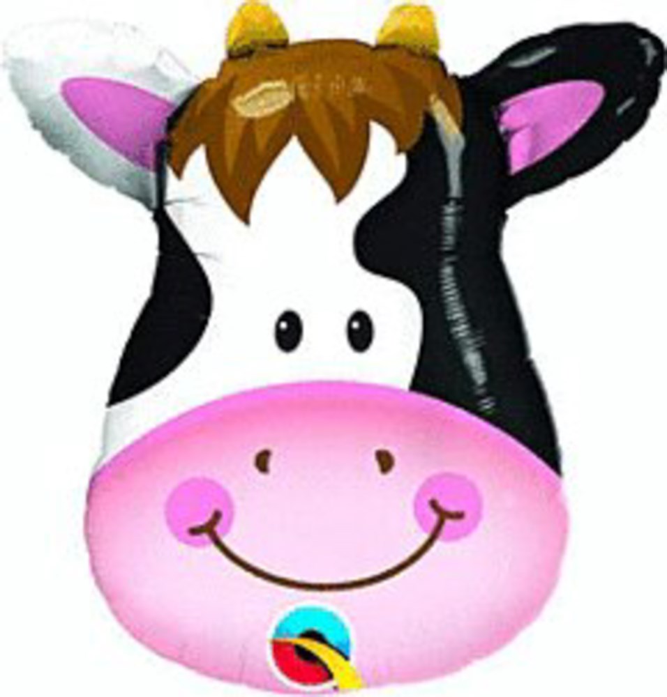 14-inch foil balloon shaped like a smiling cow face with black and white patches and pink snout.