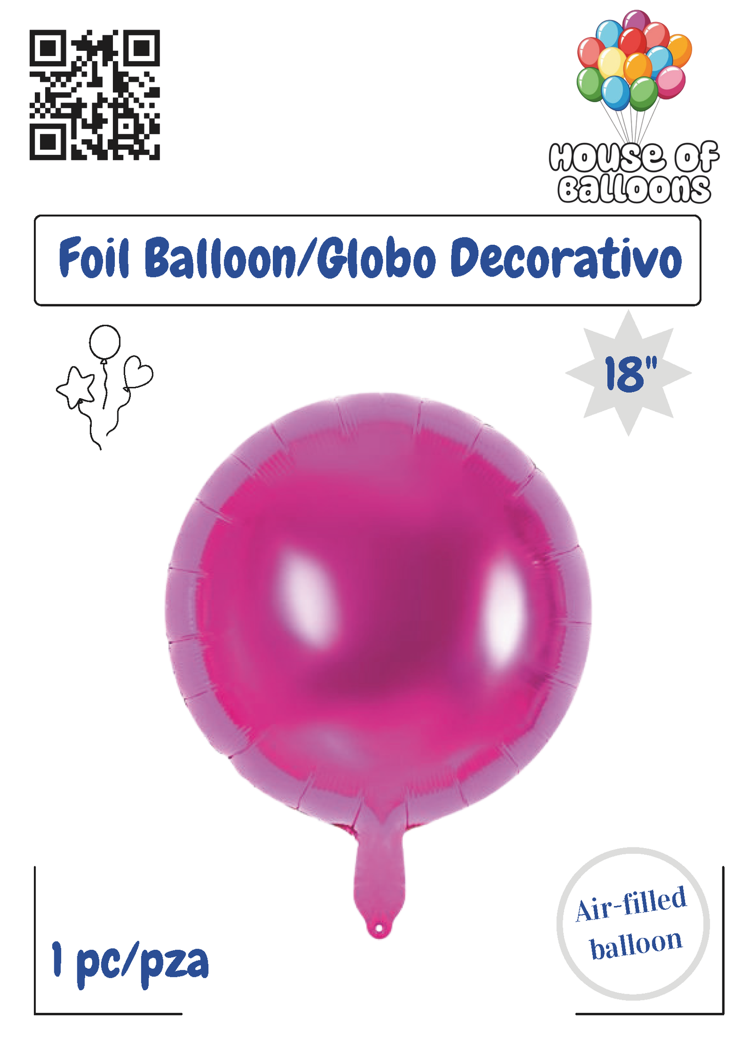 Round 18-inch shiny cotton candy pink foil balloon with a smooth surface and small tail for tying.
