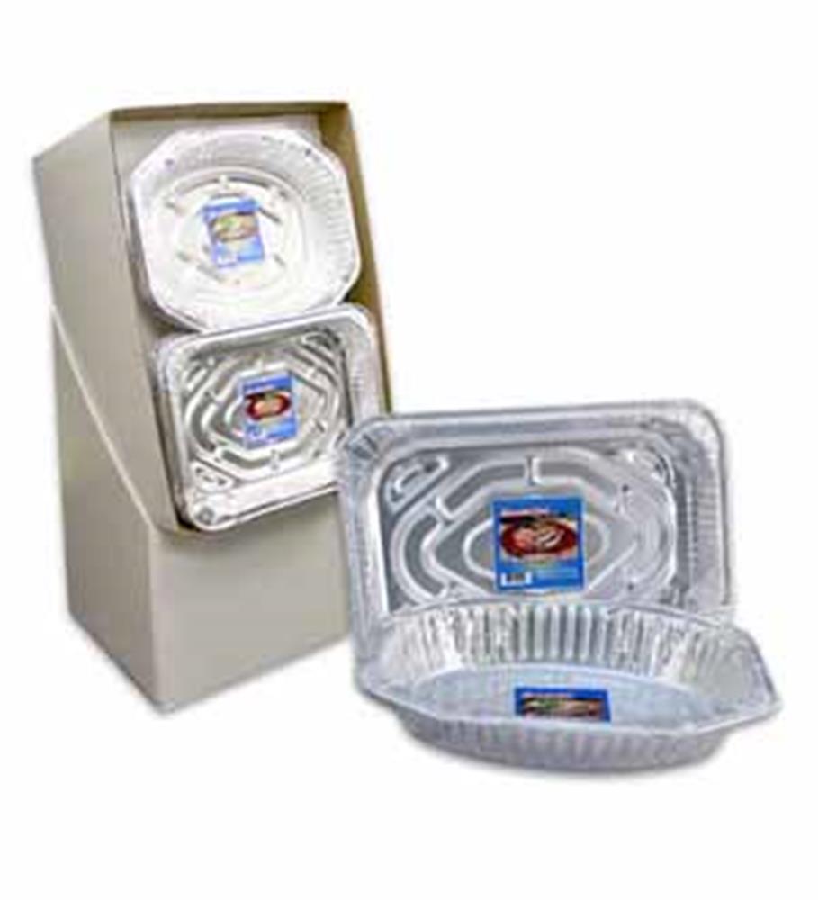 Set of oval and rectangular disposable aluminum pans with ridged sides and brand labels on the bottom.