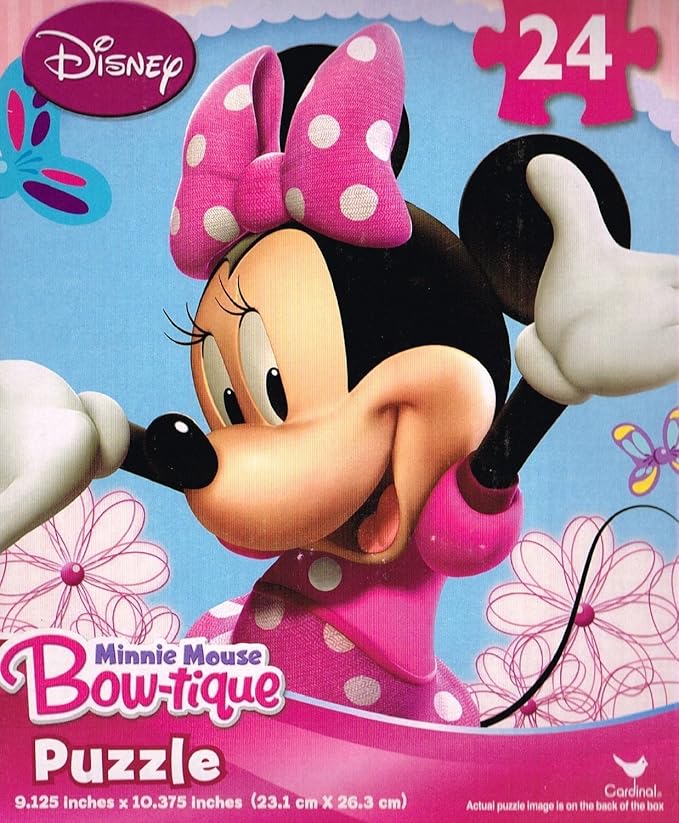 24-piece Minnie Mouse puzzle with pink polka dot bow and dress, colorful butterfly accents, and floral background.