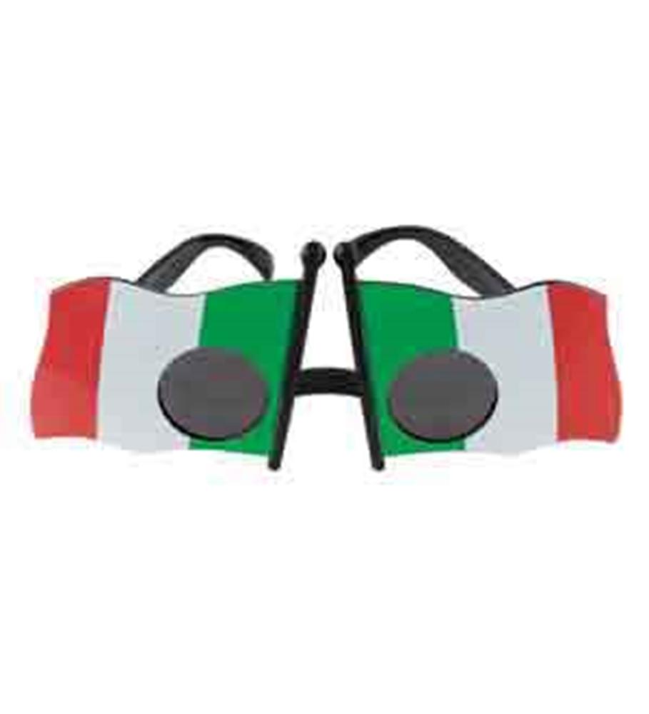 Black plastic novelty glasses with two small flags, each featuring green, white, and red vertical stripes and a gray circle.