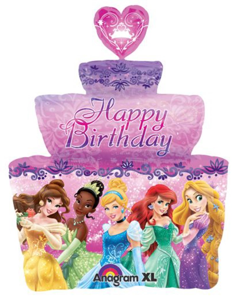 28-inch pink foil balloon shaped like a tiered birthday cake with "Happy Birthday" text and Disney princesses including.