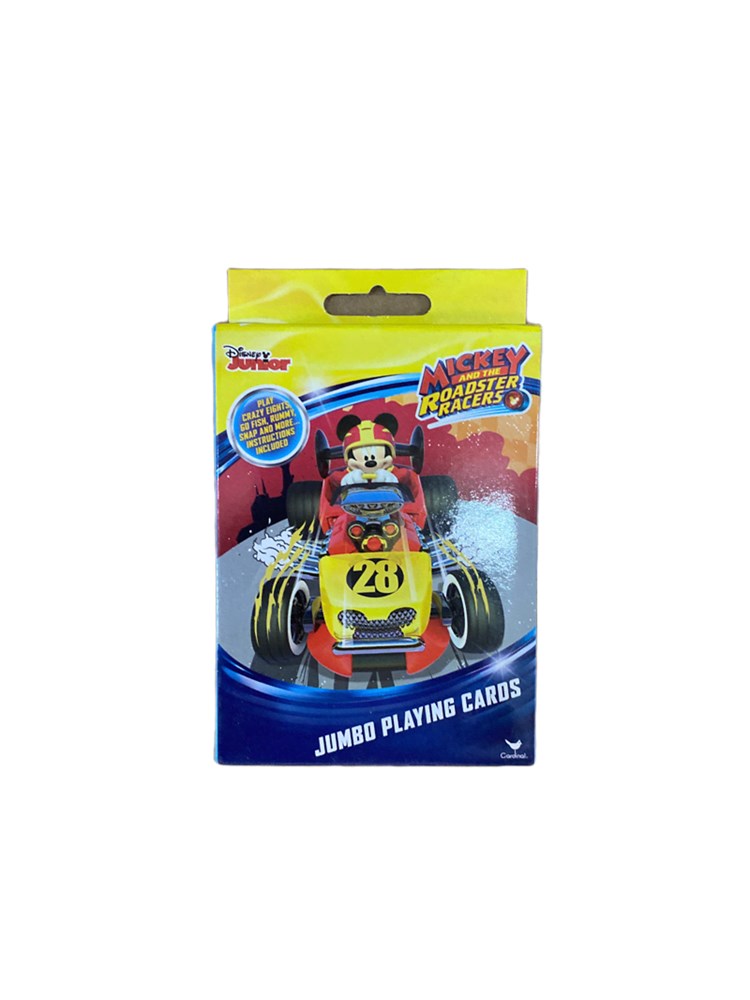 Brightly colored Mickey Roadsters jumbo playing cards box featuring Mickey Mouse in a yellow race car on the front.