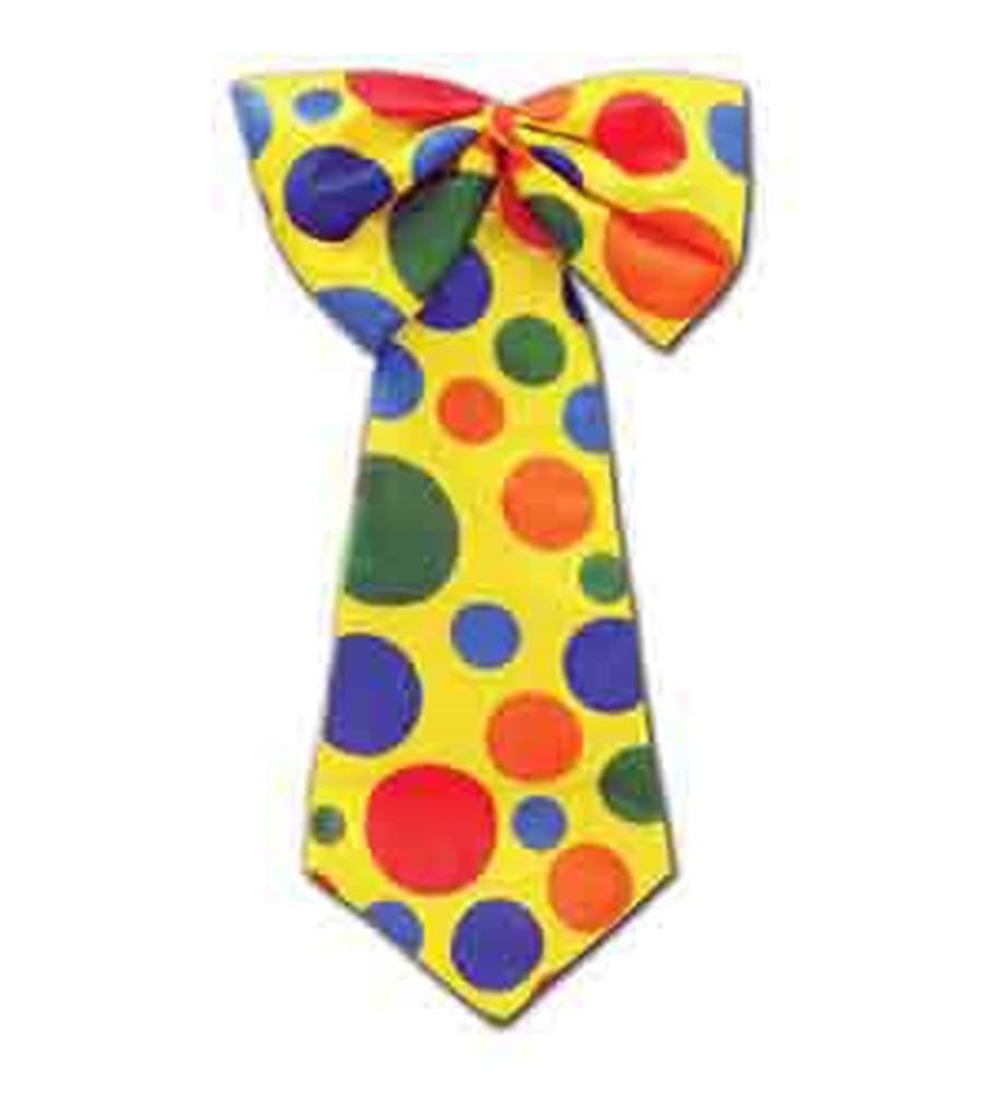 Yellow clown tie with large red, blue, and green polka dots, wide knot at top.