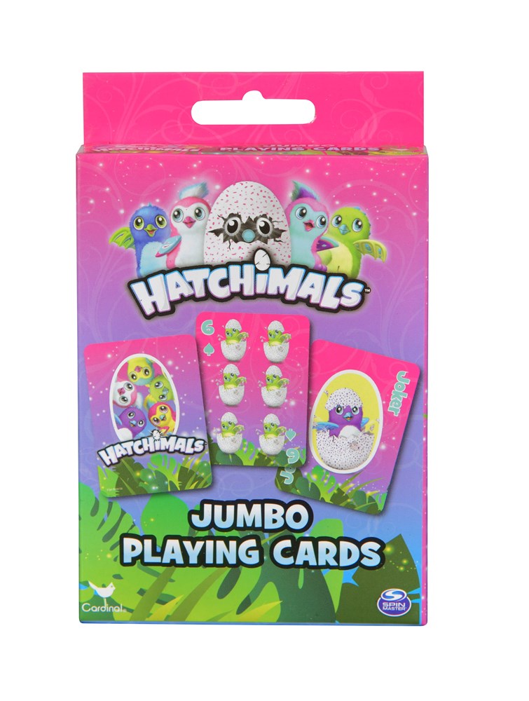 Colorful Hatchimals-themed jumbo playing cards in a pink and purple box with cartoon characters and an egg design.