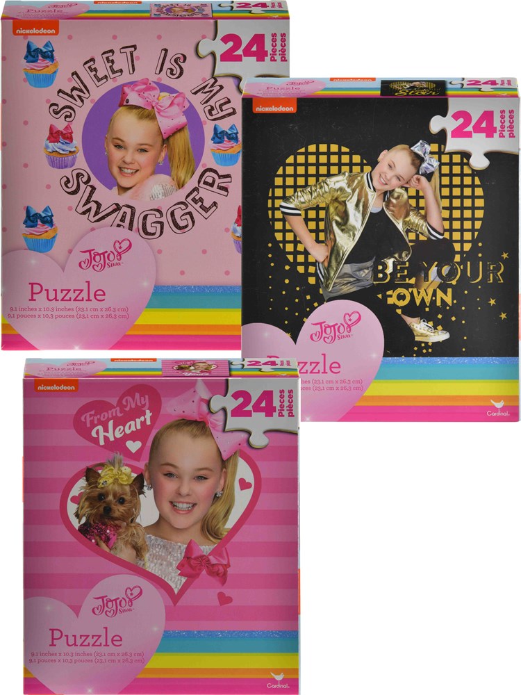 Three Jojo Siwa 24-piece puzzles featuring colorful designs with Jojo Siwa’s face and vibrant backgrounds in pink, black,.