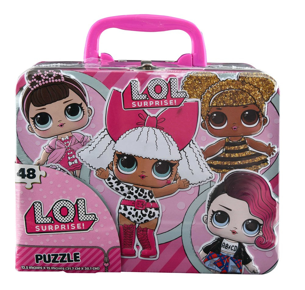 Pink metal lunch tin with LOL Surprise dolls graphics and a handle, includes a 48-piece puzzle inside.
