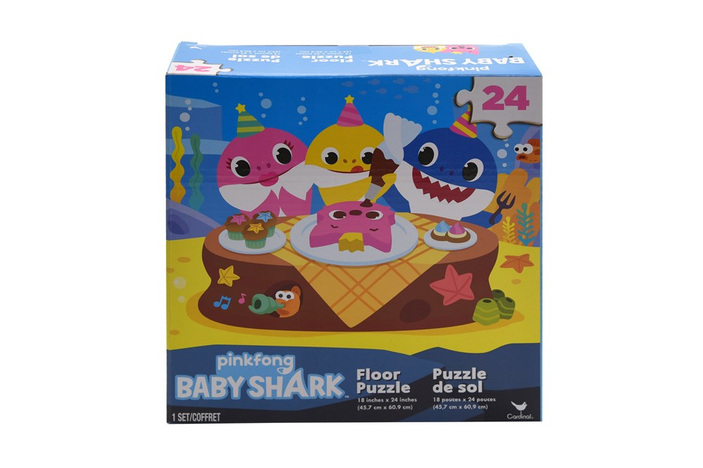 Colorful Baby Shark themed 24-piece floor puzzle featuring pink, yellow, and blue sharks on a picnic blanket background.