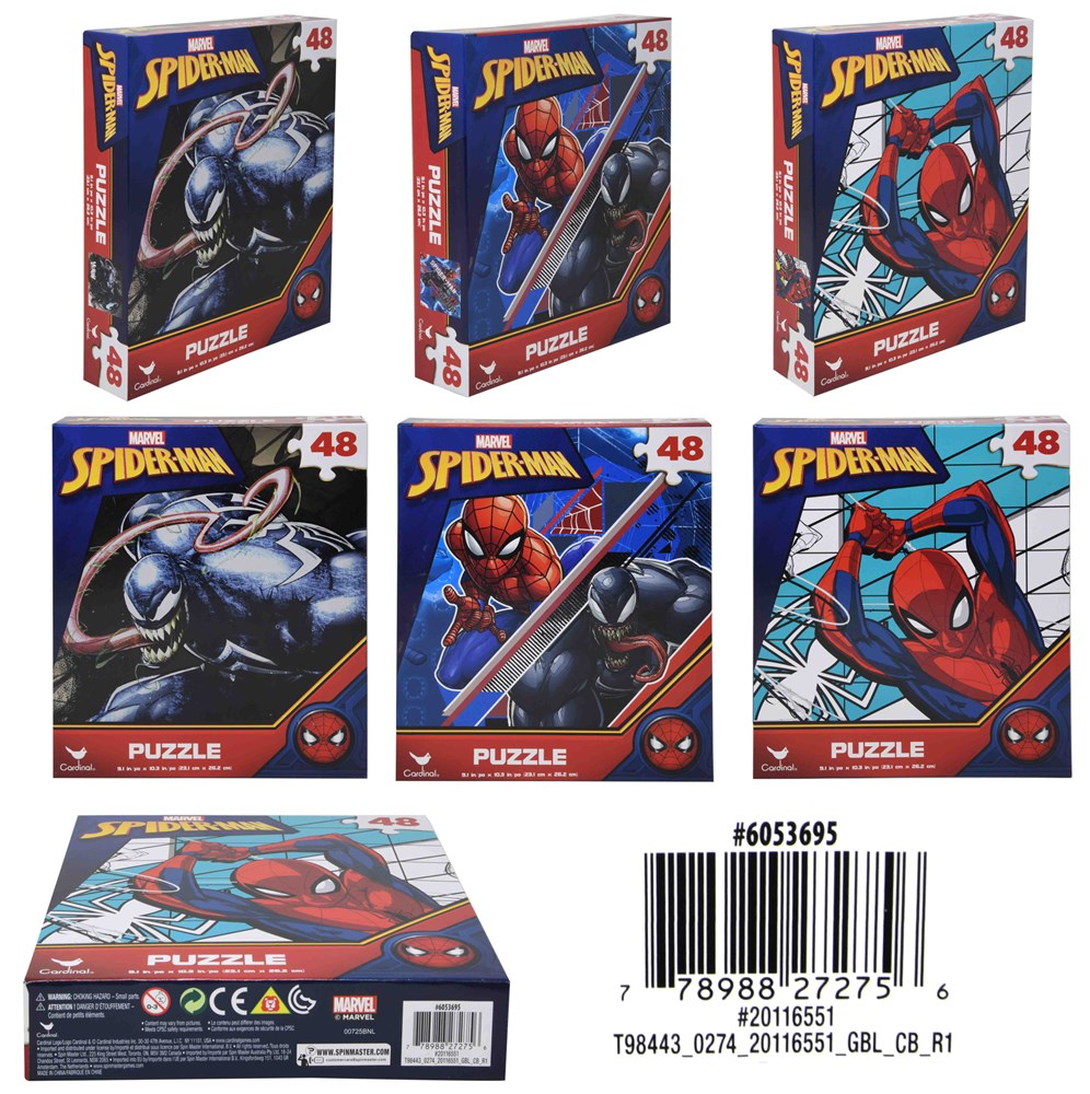 Three Spiderman-themed rectangular jigsaw puzzles in colorful red, blue, and black packaging, each containing 48 pieces with