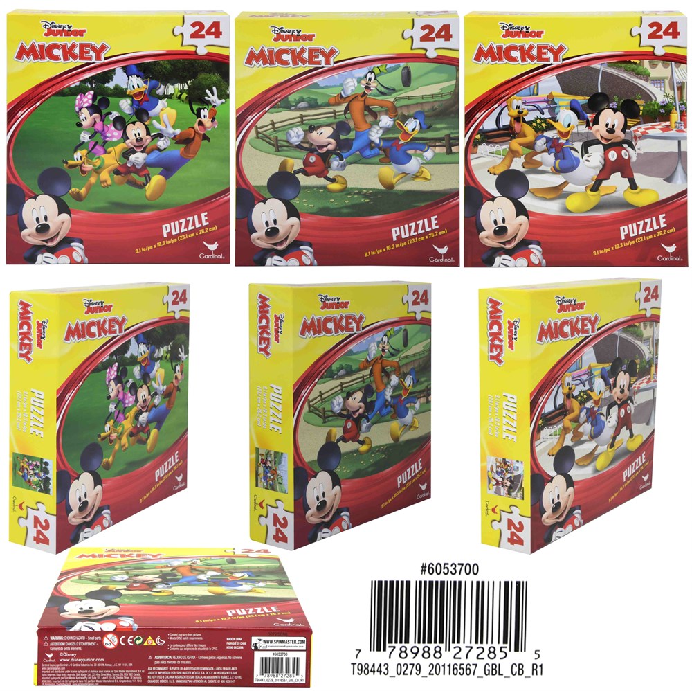Set of three 24-piece Mickey Mouse puzzles featuring colorful Disney characters in playful scenes on glossy cardboard boxes.