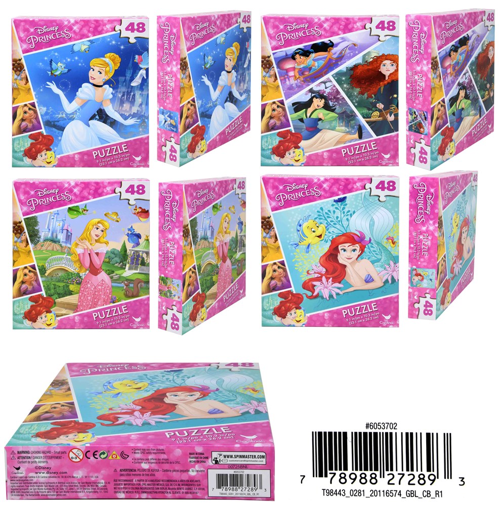 Set of four Disney princess-themed puzzles featuring Cinderella, Rapunzel, Ariel, and Tiana, each with 48 colorful pieces in