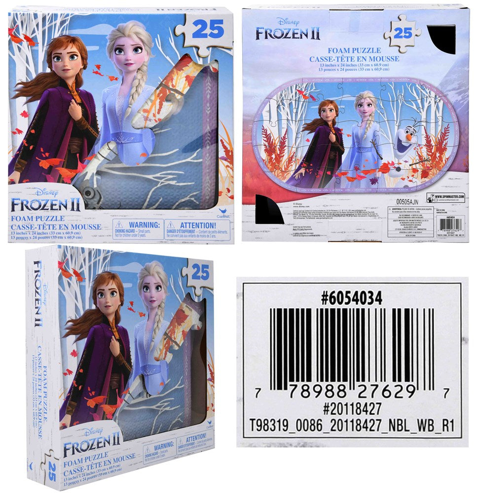 Frozen 2 foam puzzle mat with 25 interlocking pieces, featuring Anna and Elsa in winter forest design, packaged in a square.