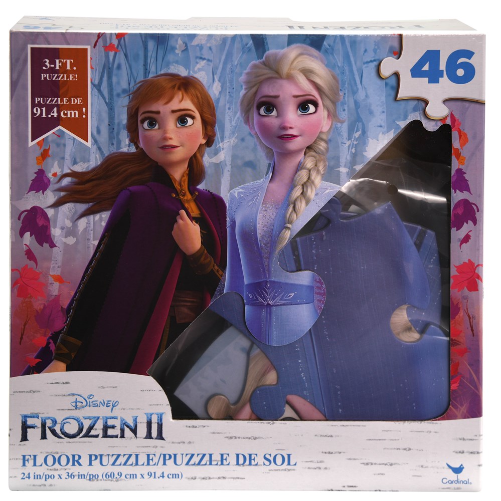 Frozen 2 floor puzzle box featuring Anna and Elsa on icy blue background, 46 pieces, 3-foot size.