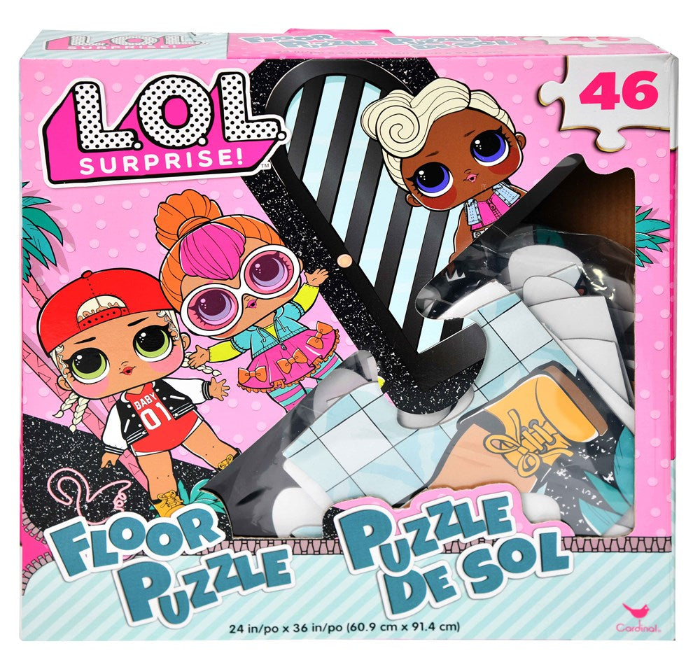 Colorful LOL Surprise 46-piece floor puzzle featuring cartoon girls on pink packaging with 10.5x10.5 inch display window.
