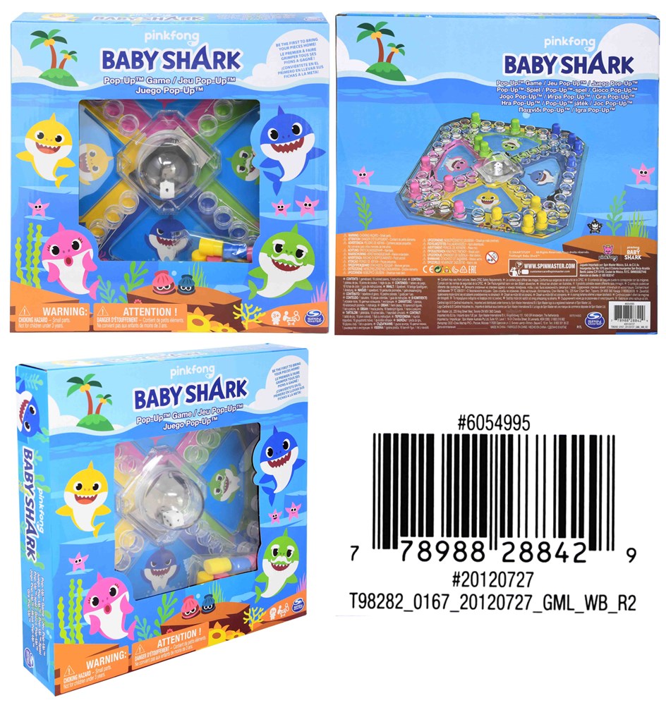 Baby Shark themed colorful pop-up game with shark characters on blue packaging and circular game board inside.
