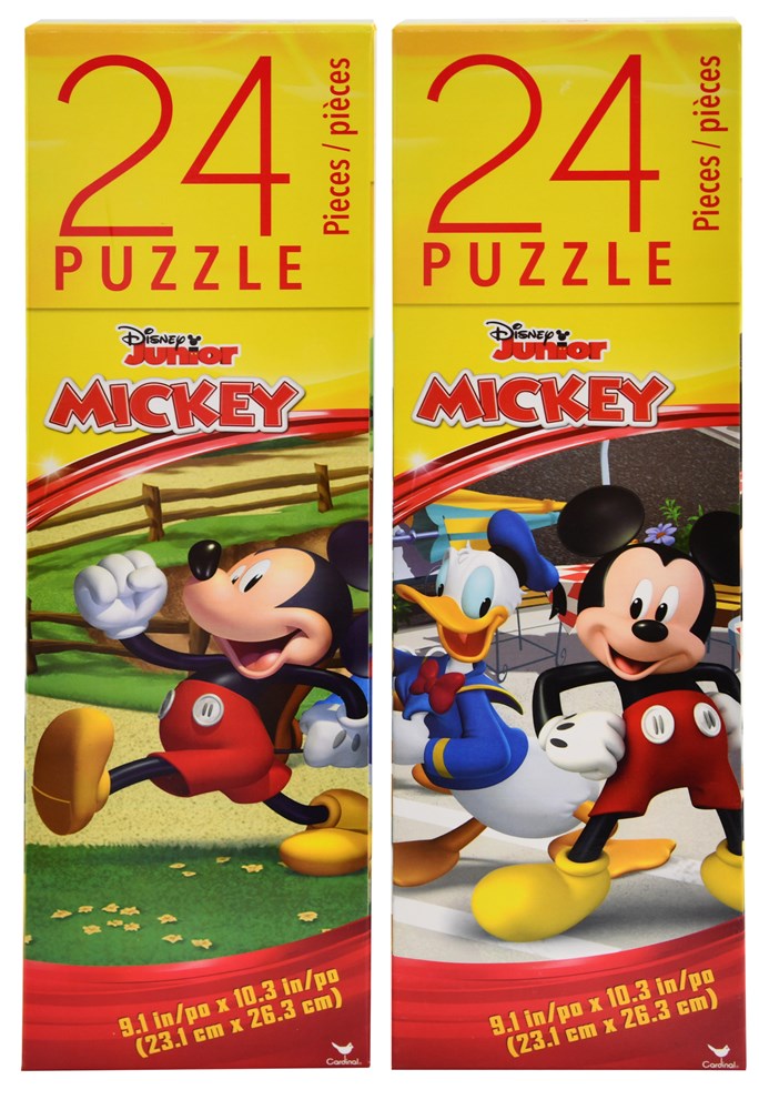 Two colorful rectangular puzzle boxes each with 24 pieces featuring Mickey Mouse and friends, red and yellow design, Disney.