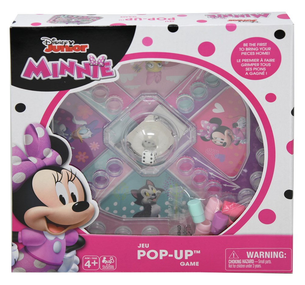 Pink and purple Minnie Mouse-themed pop-up game with dice and colorful plastic pegs in a polka dot box.