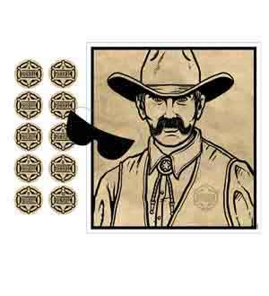 Square beige poster with a vintage sheriff illustration wearing a cowboy hat and mustache, black blindfold, and 10 gold.