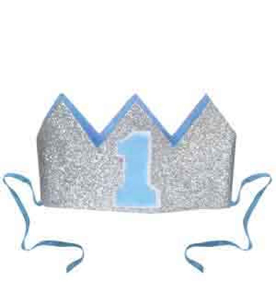 Silver glitter baby crown with blue trim, blue number "1" patch, and blue satin ties.
