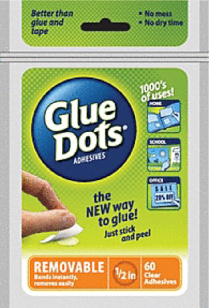 Pack of Glue Dots Removable adhesives with green and yellow packaging and blue circular logo.
