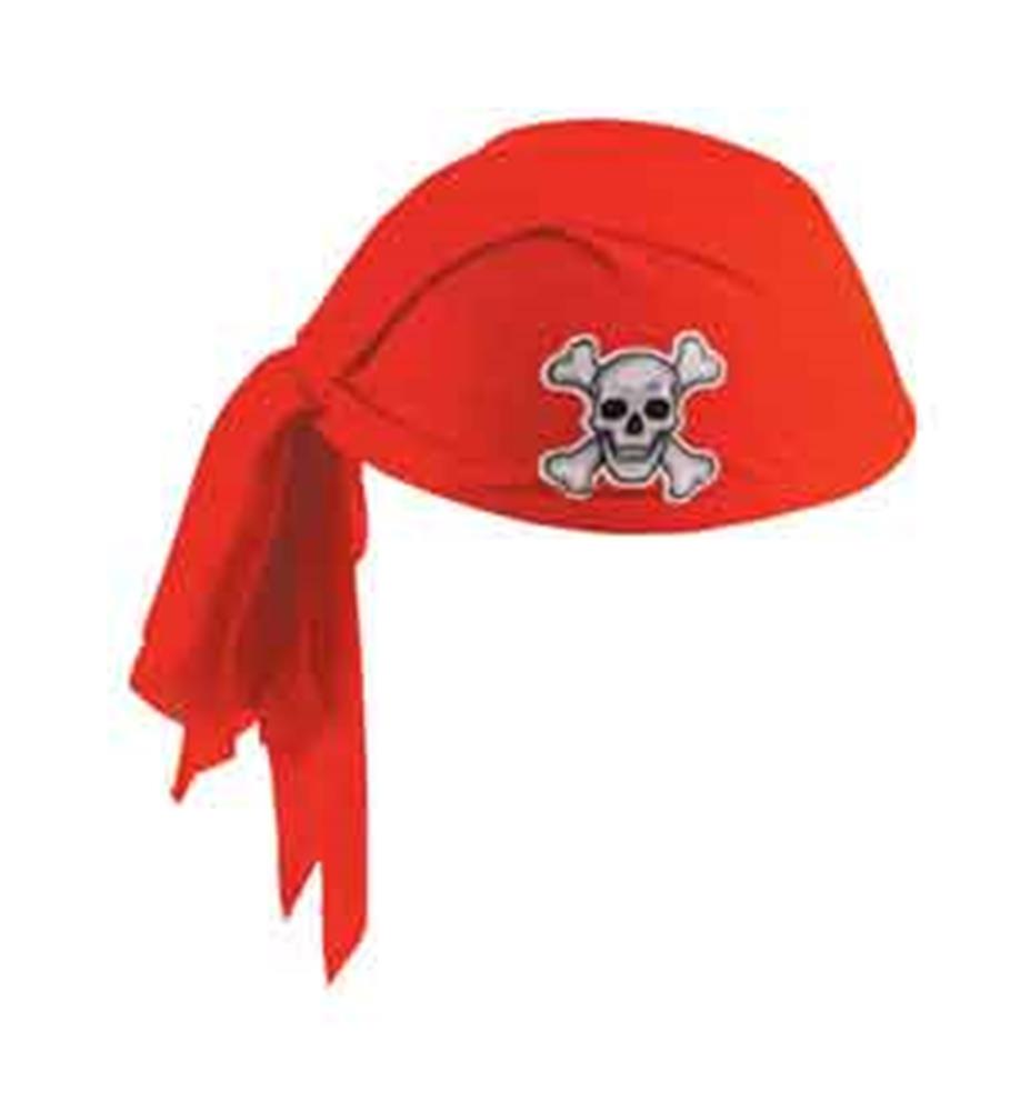 Bright red pirate scarf hat with skull and crossbones patch and long tied tail ends.