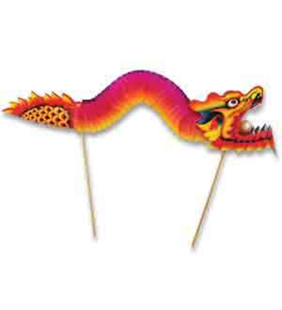 Red and orange dragon-shaped paper pick with large eyes, open mouth, and wooden sticks at each end.