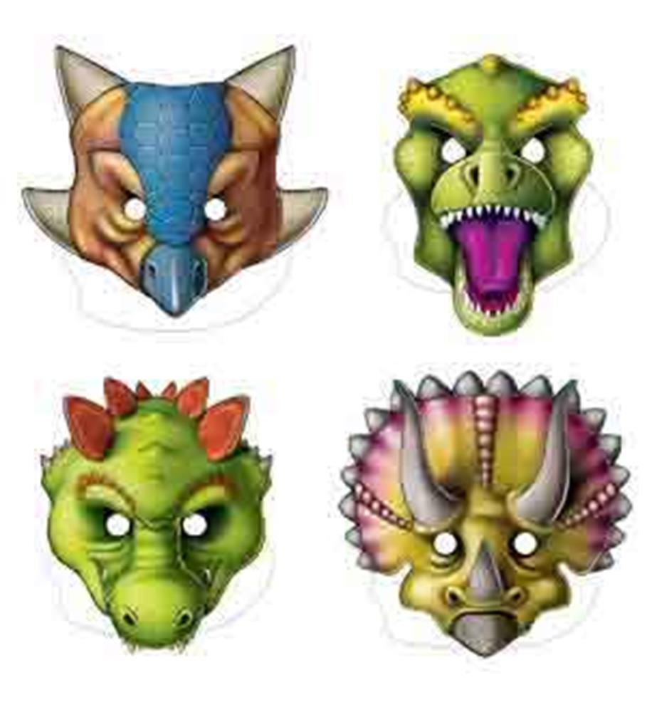 Set of four colorful kids’ dinosaur masks featuring brown Triceratops, green roaring T-Rex, green Stegosaurus with red.