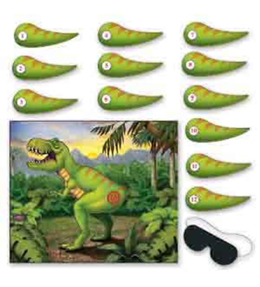 Dinosaur-themed pin the tail game with green dinosaur tails, colorful target spots, and black blindfold.