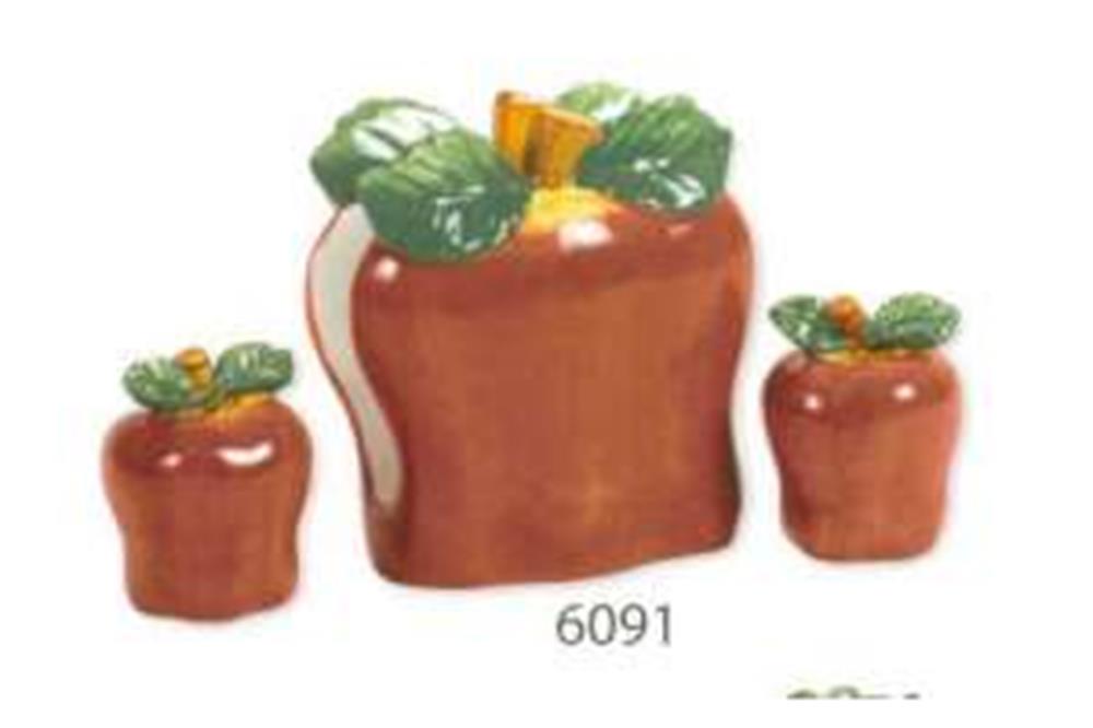 Three-piece table top set shaped like red apples with green leaves and a small yellow stem, featuring one large and two.