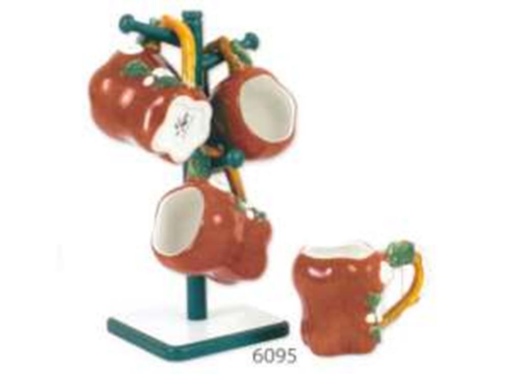 Set of five ceramic mugs shaped like red apples with green leaf handles on a green metal tree stand.