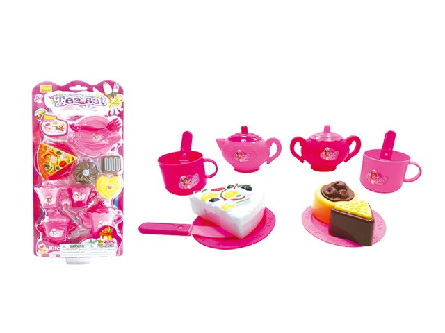 Pink plastic toy tea set with teapot, sugar bowl, cups, plates, and toy cake and sandwich pieces.