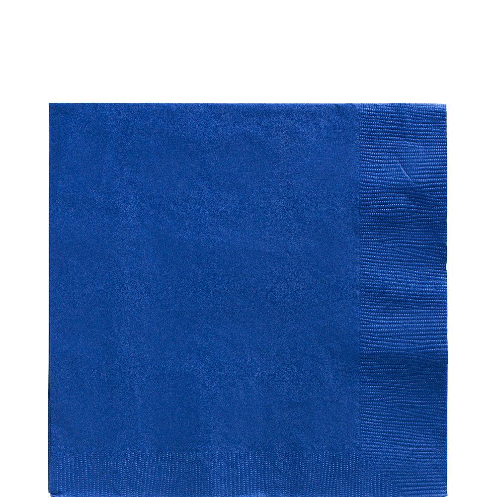 Bright royal blue large paper napkin with embossed border on one side.