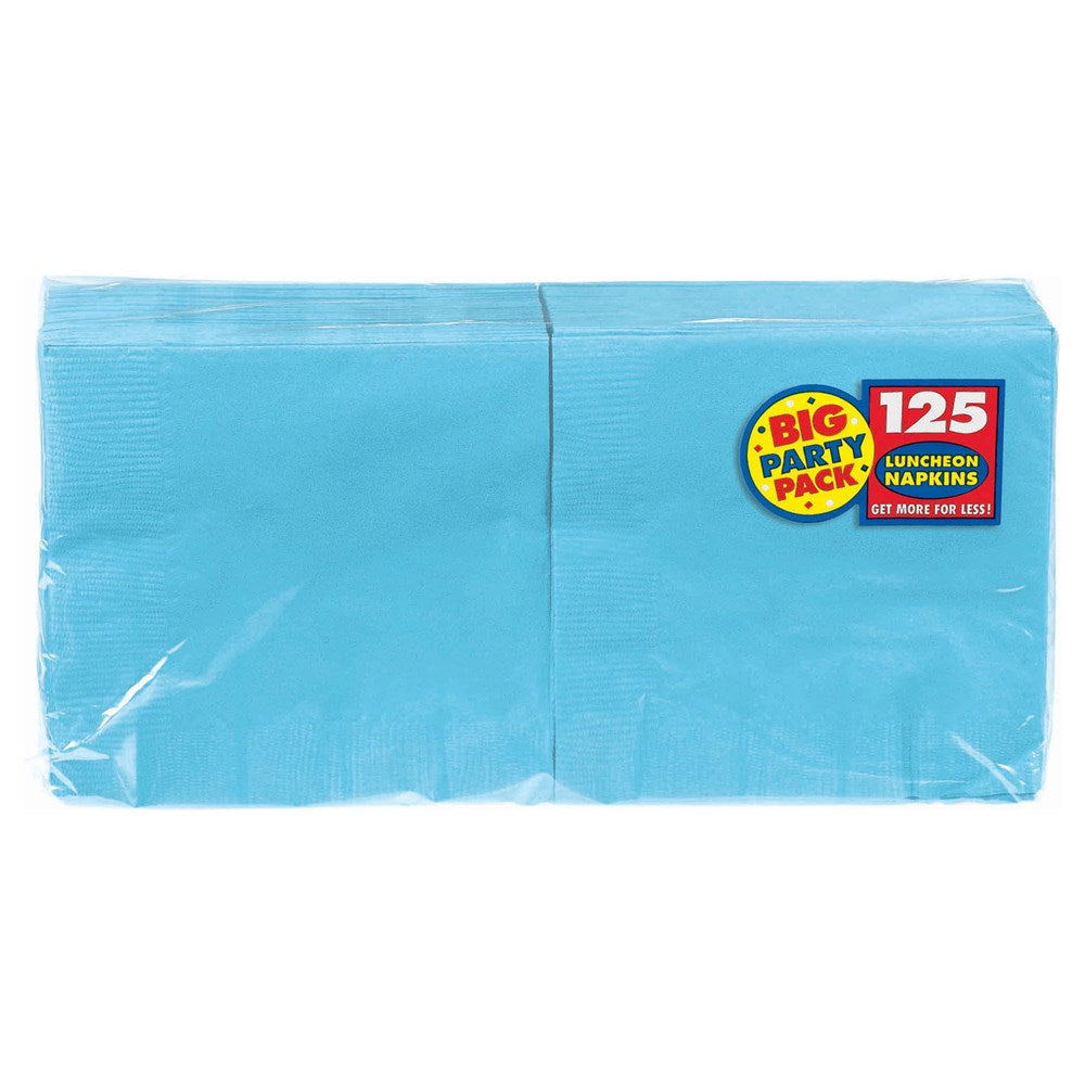 Light blue rectangular large 2-ply paper napkins stacked in a pack of 125 with party pack label.