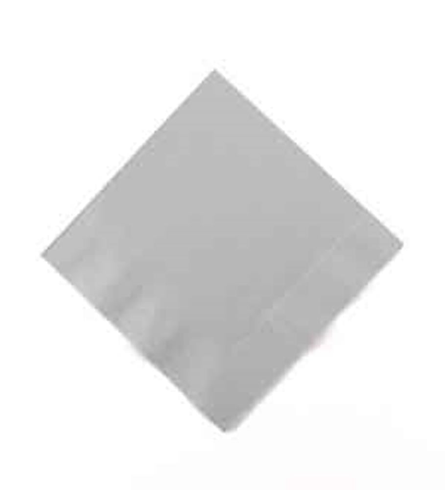 Square silver fabric napkin with smooth texture and clean edges.