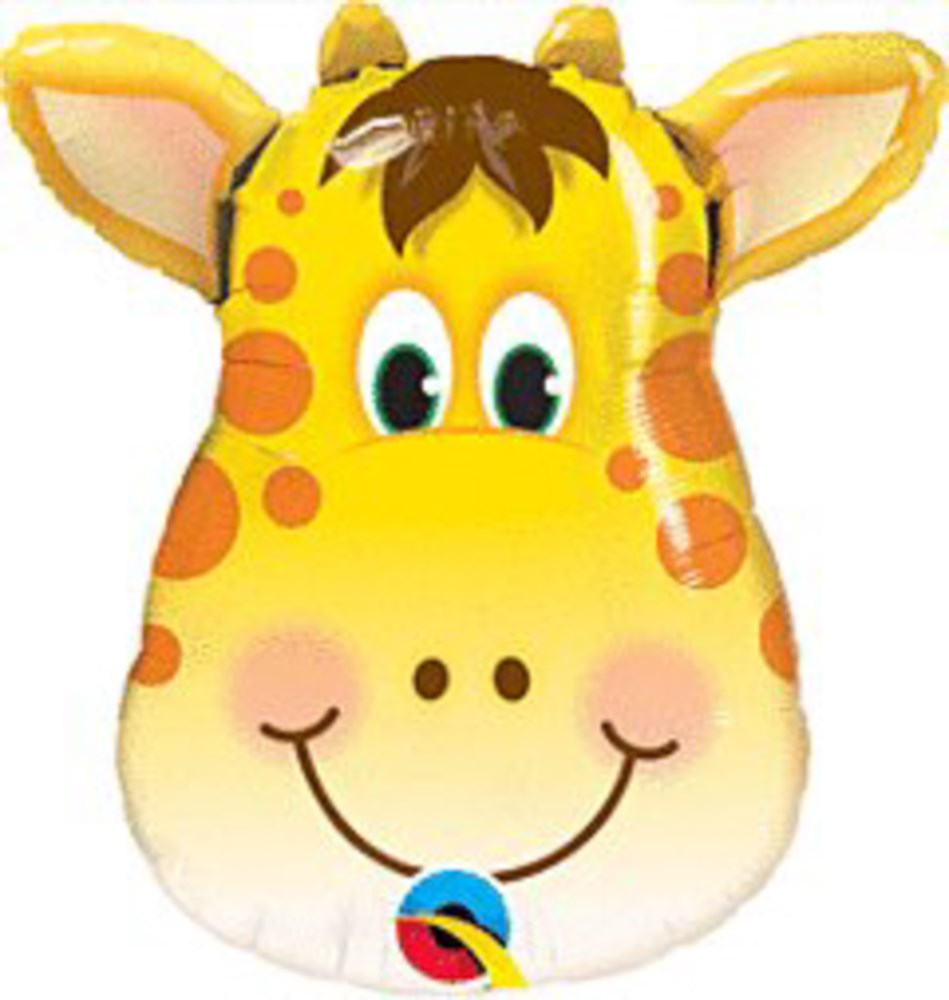 Yellow giraffe-shaped foil balloon with brown spots, large eyes, and a smiling face.