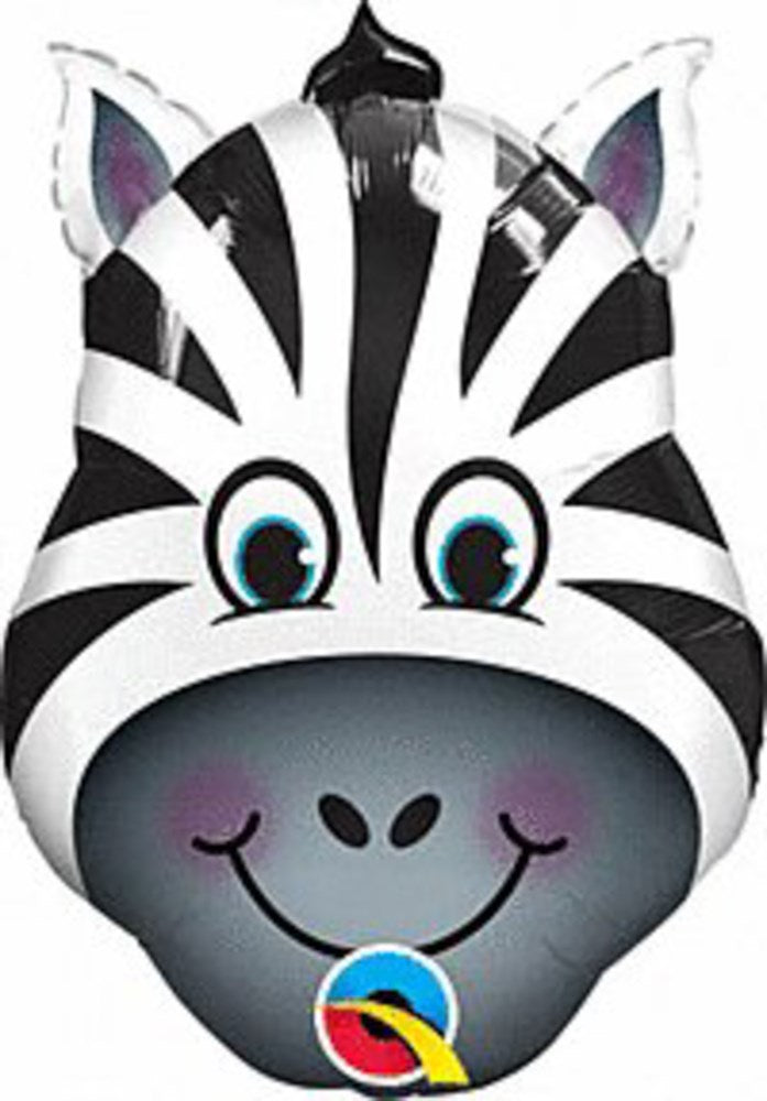 14-inch foil balloon shaped like a smiling zebra face with black and white stripes and blue eyes.