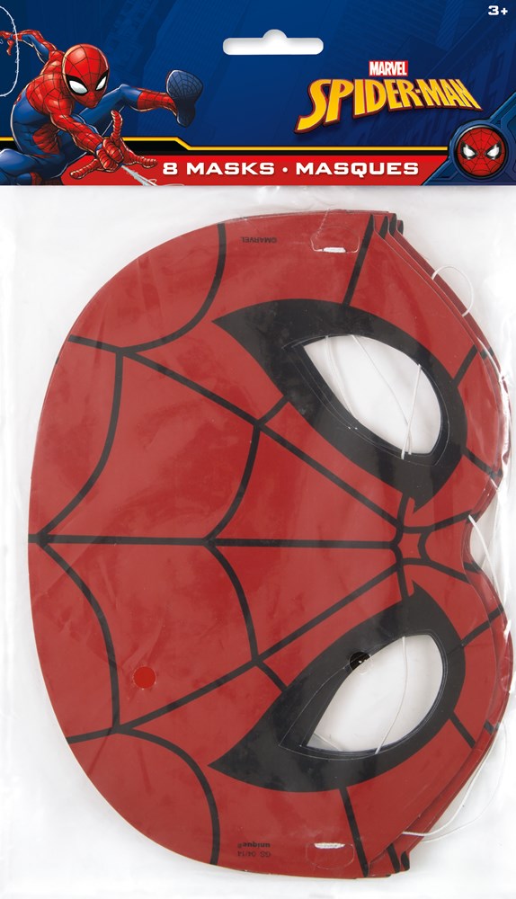 Set of 8 red Spiderman masks with black webbing and large white eye shapes in packaging.
