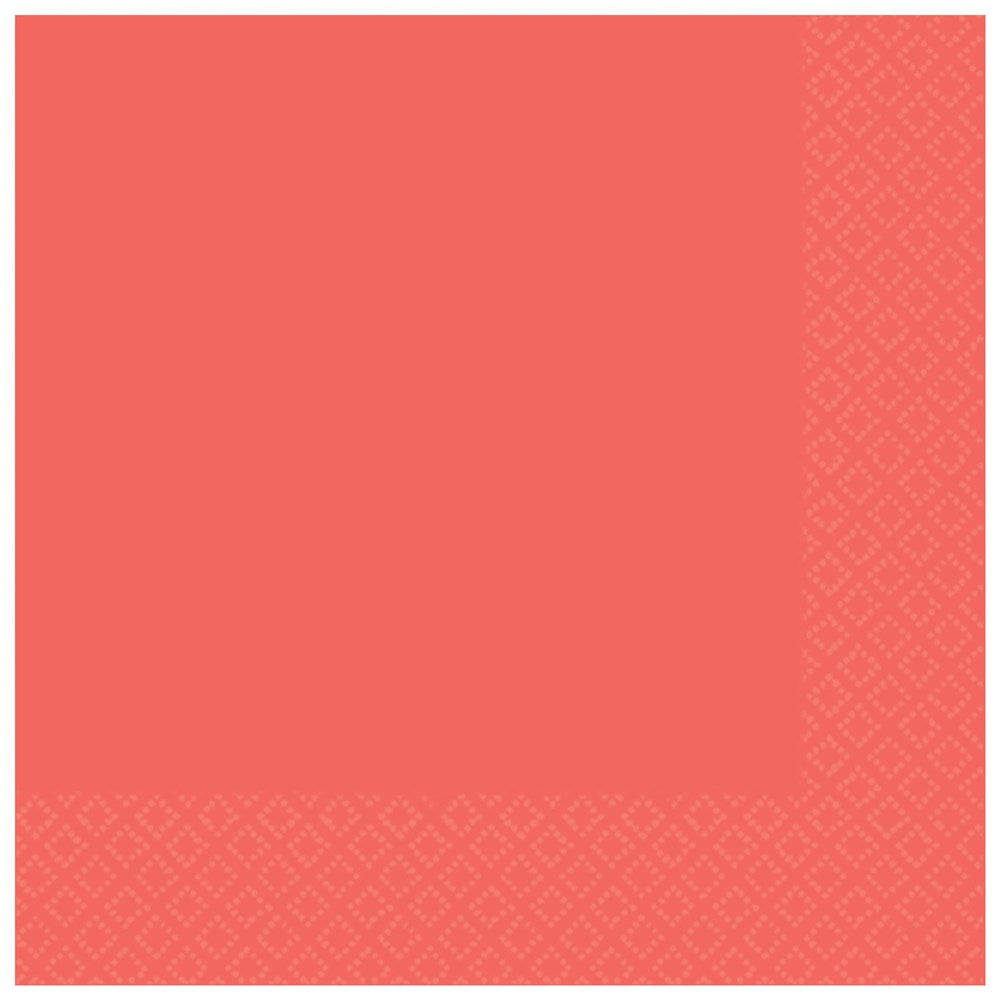 Coral-colored paper napkin with embossed diamond pattern along edges.