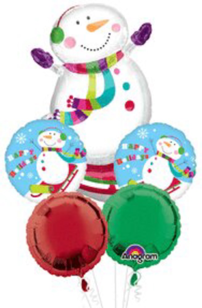 Set of five foil balloons featuring a large smiling snowman with green earmuffs and striped scarf, two blue round balloons.