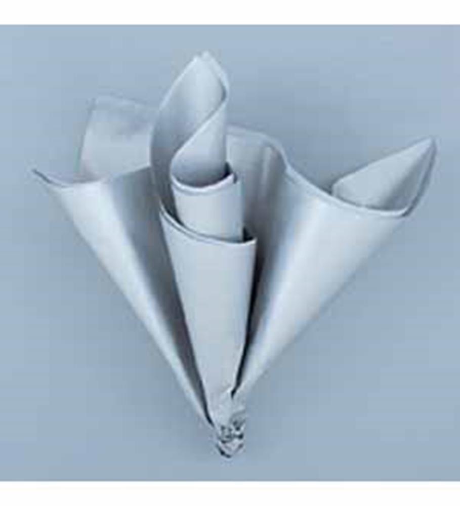 Five silver metallic tissue paper sheets folded into a decorative fan shape against a light background.