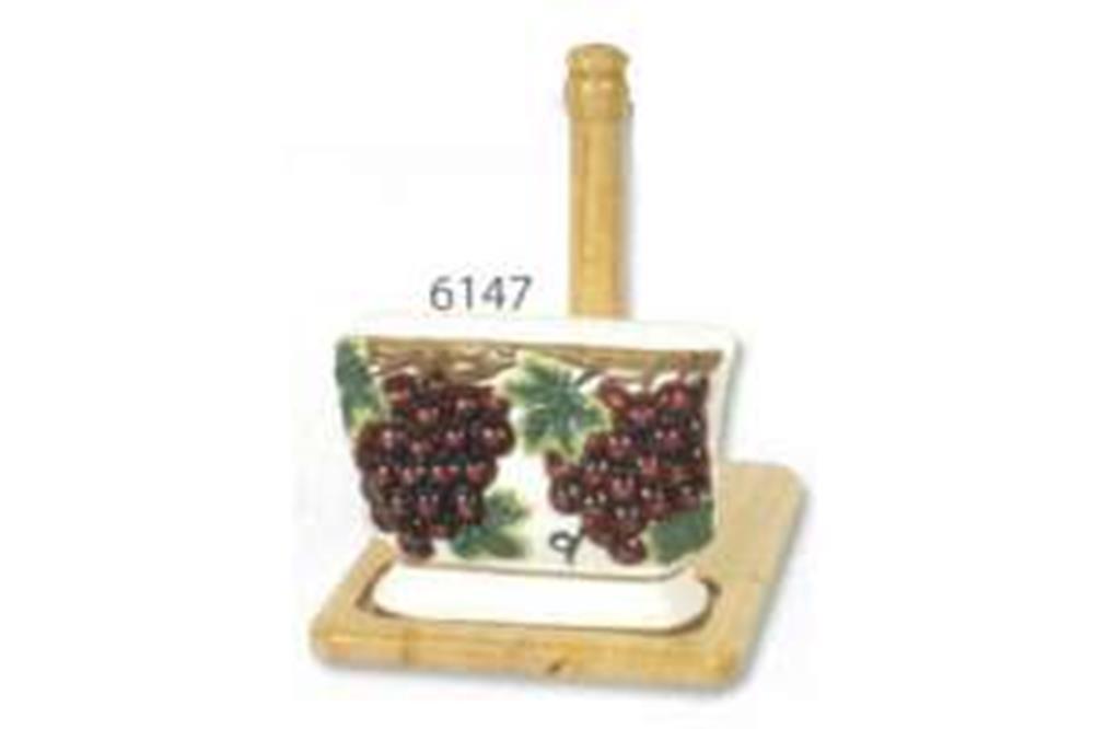 Ceramic grape-patterned towel holder with wooden base and vertical handle.