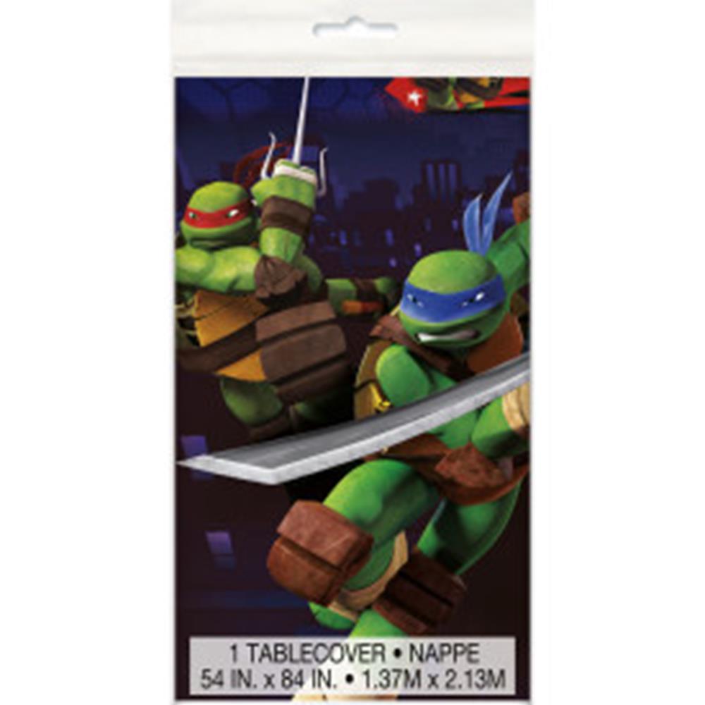 Rectangular plastic tablecover featuring Teenage Mutant Ninja Turtles characters in action poses on a dark blue background.