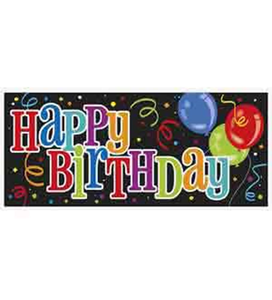 Black rectangular birthday banner with colorful block letters, balloons, and confetti designs.
