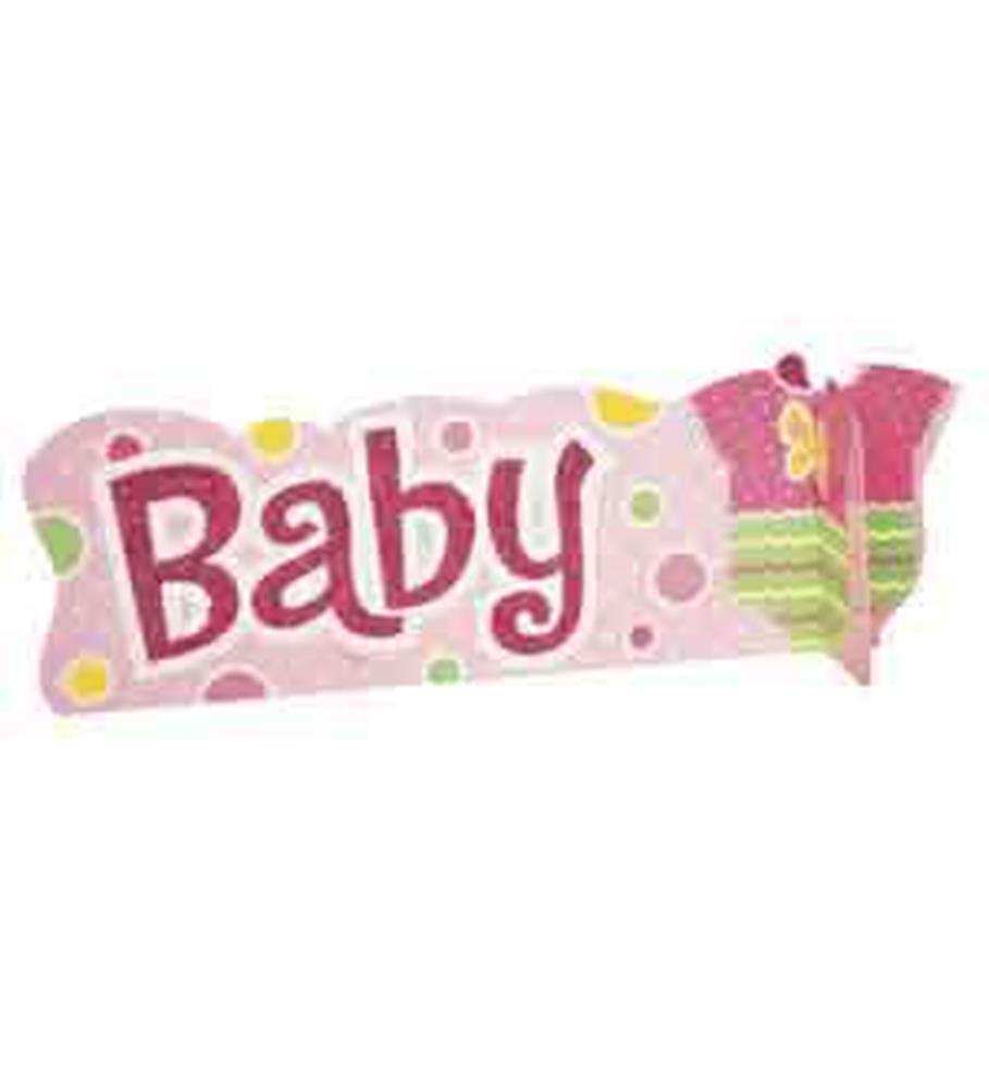 Pink rectangular 3D centerpiece with multicolored polka dots, "Baby" text in bold pink, and a pink and green baby stroller.