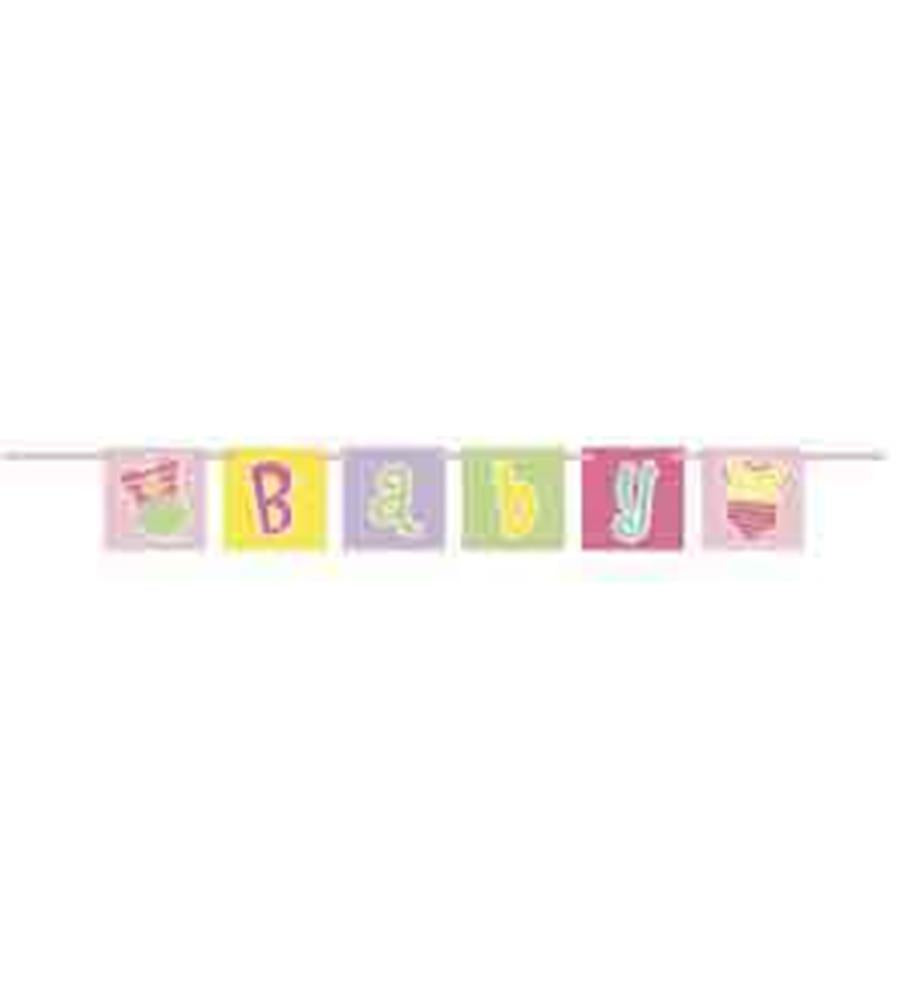 Colorful square paper banner with pink polka dots and letters spelling "Baby" in pastel shades, each block featuring.