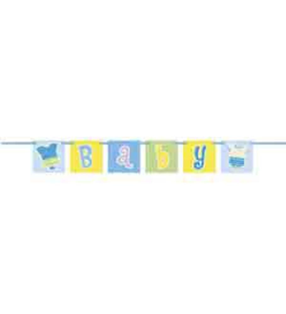 Blue block banner spelling "BABY" with yellow dots, baby-themed icons, and light blue string.