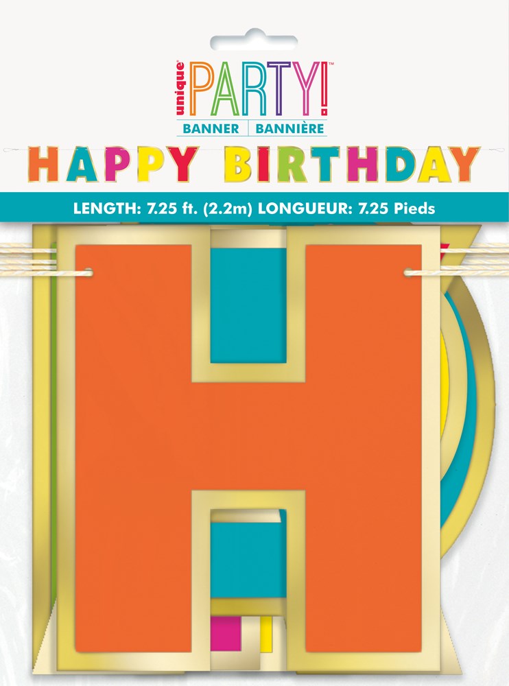 Gold foil letter "H" with multicolor rainbow "Happy Birthday" banner above, 7.25 ft long.